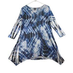 Cal Style Shark Bite Hem Tie Dye 3/4 Sleeve Blouse Women's Large Beaded USA READ